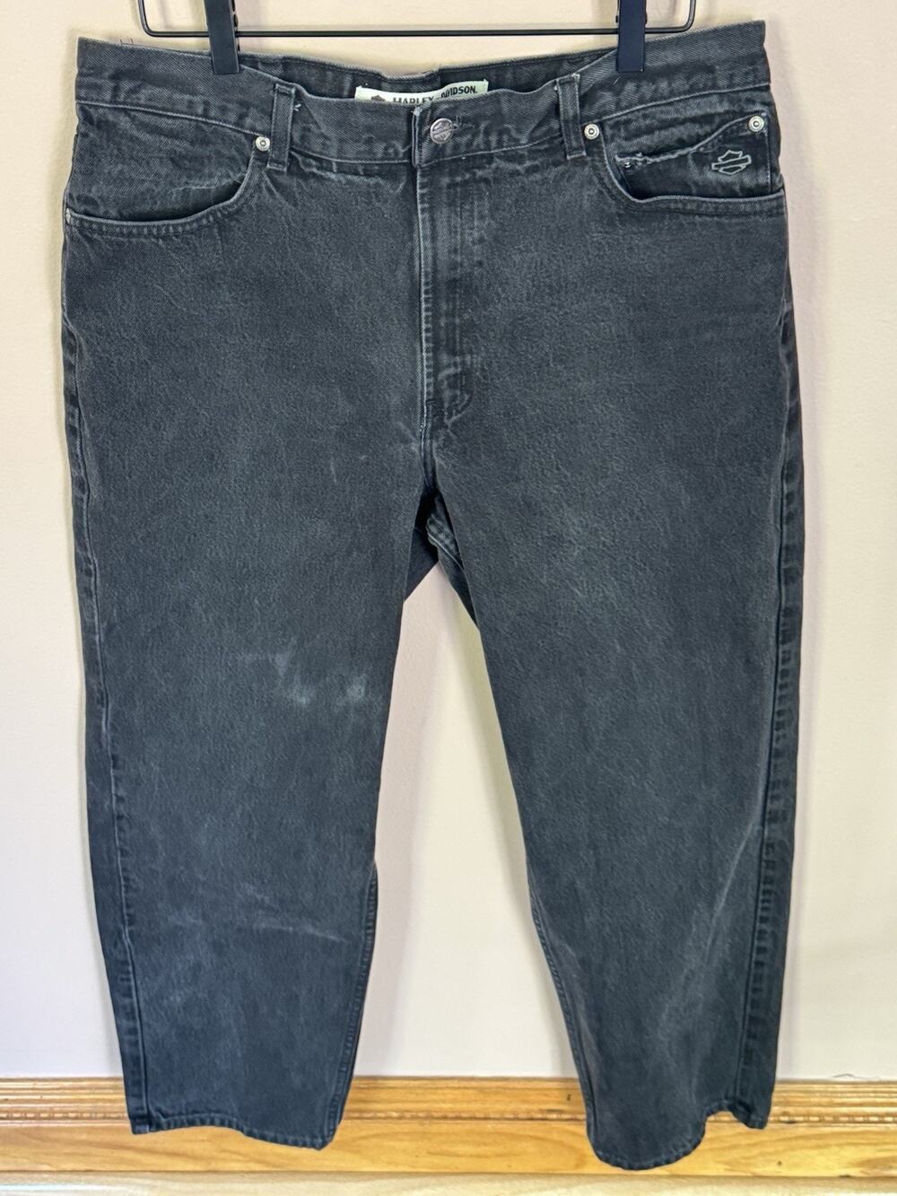 Harley Davidson Jeans Mens 38x30 Black Motorcycle Riding Logo Biker Denim Pants